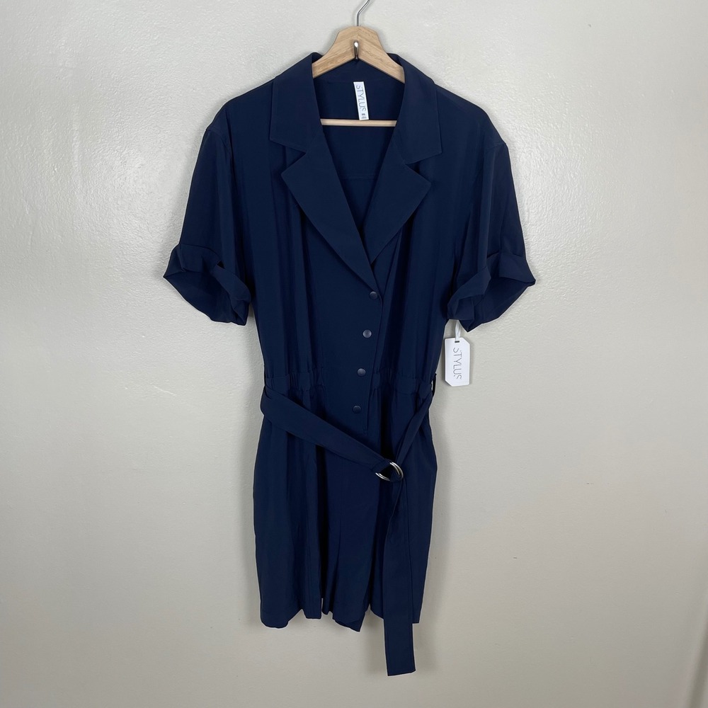 Stylus‎ Women's XXL Romper Navy Blue Belted Short Sleeve Button Front New